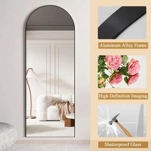 Miniatura 6 de Espejo de longitud completa, espejo de arco de 56 x 16 pulgadas con soporte, espejos de cuerpo completo arqueados negros para colocar de pie