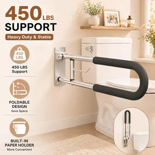 Miniatura 2 de Barra de agarre plegable para inodoro con soporte para papel, riel de seguridad para discapacitados de baño montado en la pared de 24 pulgadas