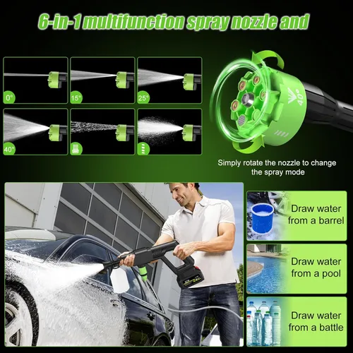 Miniatura 5 de Lavadora a presión eléctrica, ajuste de cañón de espuma inalámbrico, limpiador de energía portátil con boquillas ajustables 6 en 1, lavadora de alta