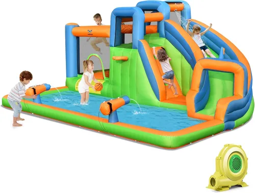 Miniatura 8 de HONEY JOY Tobogán acuático inflable, parque acuático gigante 7 en 1, casa de rebote para patio trasero al aire libre con soplador de 735 W, piscina