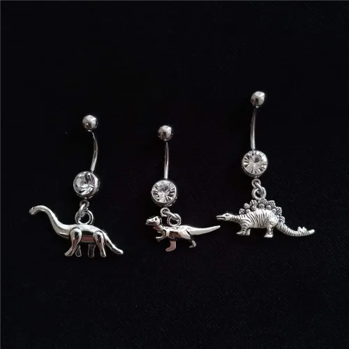Miniatura 6 de 3pcs Punk Dinosaur Dangle Pendant Belly Button Ring, Tiny Velociraptor Charm Stainless Steel 14 Gauge Navel Barbell Ring