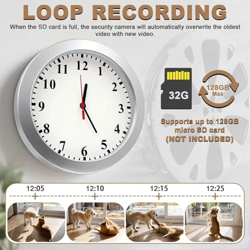 Miniatura 5 de 1080P HD Mini Cámara Reloj de Pared Cámaras con Detección de Movimiento Seguridad Interior Cámara Oculta Mascota Cámara para Hogar/Oficina, Sin Wi-Fi