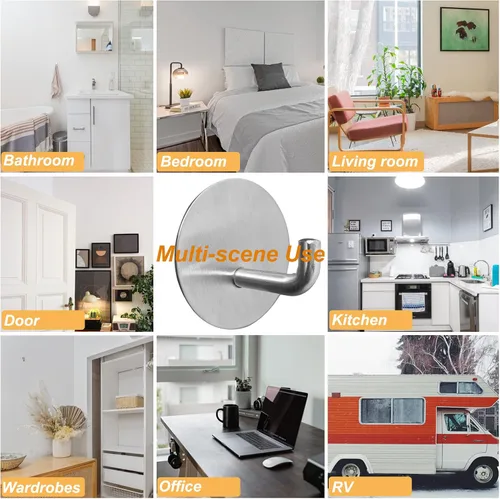 Miniatura 6 de Ganchos adhesivos plateados para pared, sin daños, resistentes, 15 libras (máx.), paquete de 8 unidades, ganchos adhesivos para colgar, acero