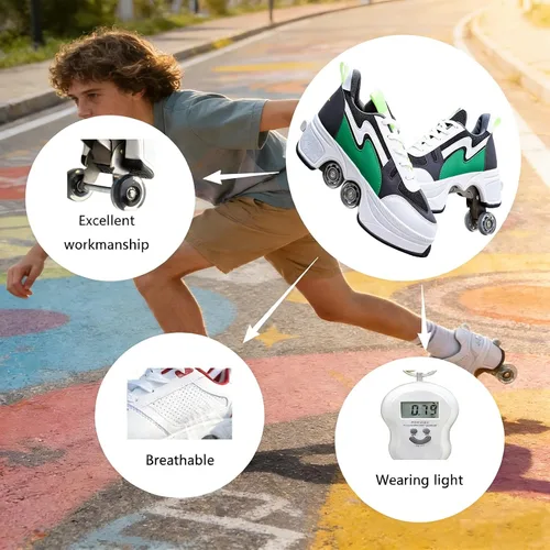 Miniatura 6 de Rueda de deformación de doble hilera Patines de ruedas 2 en 1 – Zapatos de senderismo automáticos invisibles con polea extraíble para patinaje