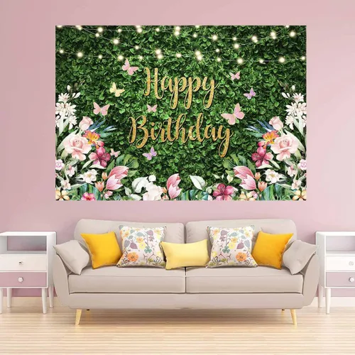 Miniatura 2 de Avezano Greenery - Telón de fondo de feliz cumpleaños con flores y césped verde para pared, para mujeres y niñas, fiesta de cumpleaños, fotografía