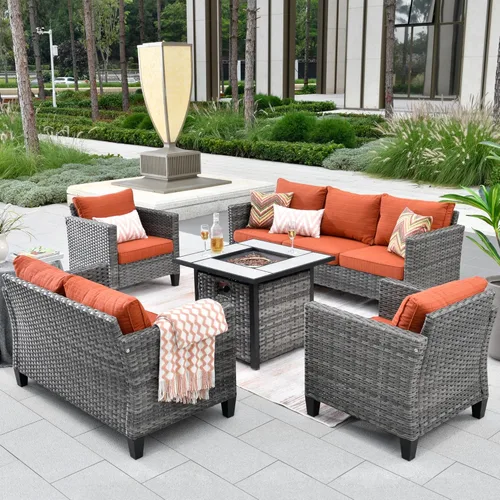 Miniatura 28 de ovios Juego de muebles de patio de 6 piezas, sillas giratorias de mimbre para exteriores con mesa para fogatas de 30 pulgadas, juego de mecedoras