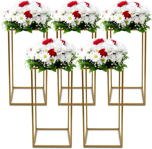 Miniatura 13 de 10 soportes de metal para centros de mesa de boda, jarrones de columna, soporte de flores de boda, soporte rectangular geométrico dorado