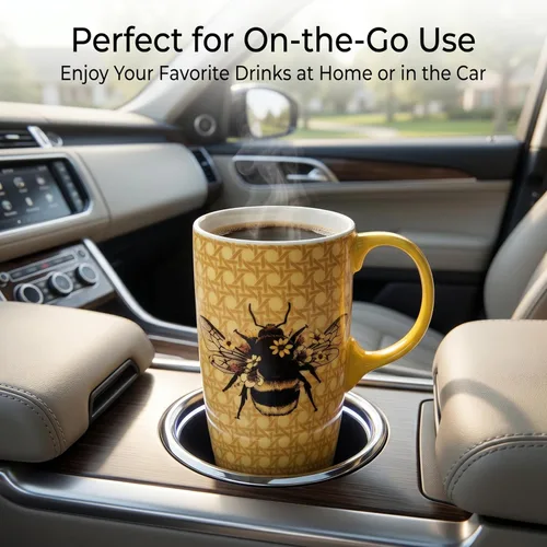 Miniatura 8 de DUSVALLY Taza de cerámica grande Taza de café alta Tazas de viaje de porcelana Taza de café con tapa de 17 onzas, Abeja