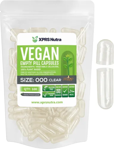 XPRS Nutra Cápsulas vacías de tamaño vegano 000 – 100 cápsulas veganas vacías transparentes – Píldora vegetariana – Relleno de cápsulas vegetales