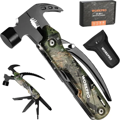 Miniatura 9 de WORKPRO Multitool-Herramientas de camping 12 en 1 con mini martillo-EDC Gear Multi Herramientas Martillo con bloqueo de seguridad y bolsa, Mini