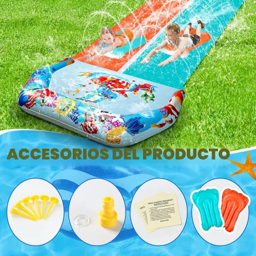 Miniatura 6 de Toboganes de agua dobles y toboganes acuáticos de 46 pies para niños y adultos, toboganes de agua extralargos con 2 bodyboards, resistentes