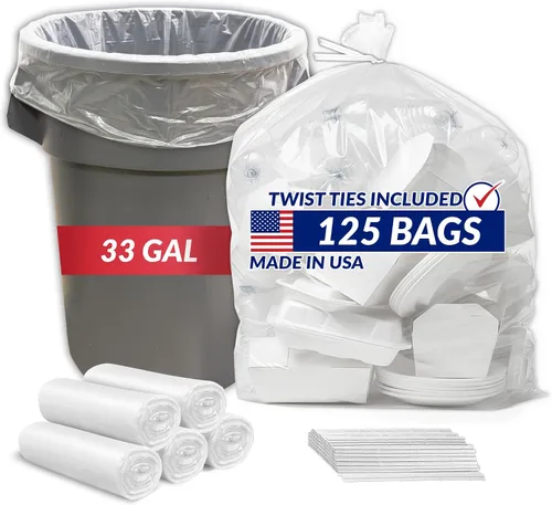 Reli. Bolsas de basura resistentes de 33 galones | 125 bolsas de basura con lazos | Limpieza de basura súper grande, transparente y seria