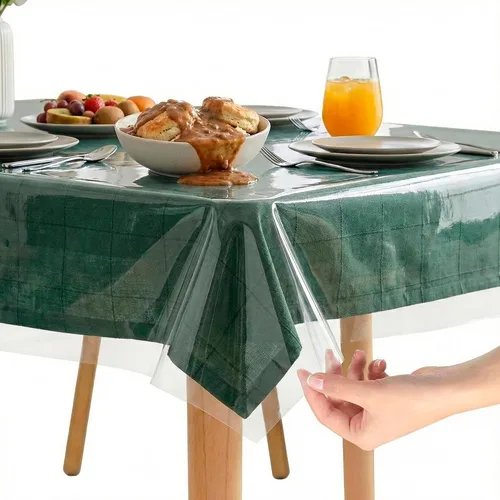 Miniatura 10 de XFasten - Cubierta de mesa de plástico transparente de 54 x 54 pulgadas, protector de mantel de vinilo de plástico transparente, impermeable, a