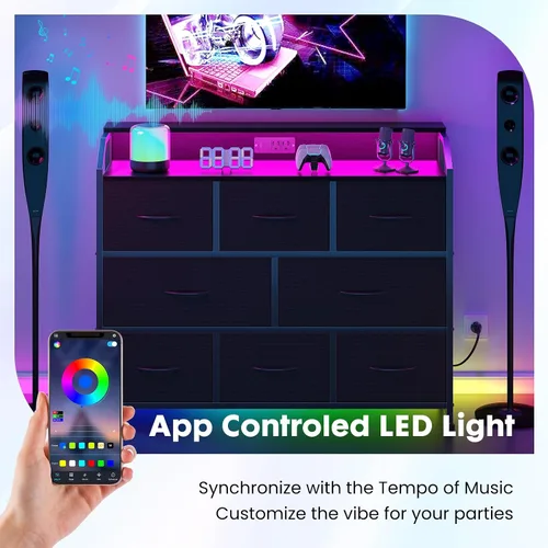 Miniatura 5 de DUMOS - Cómoda para TV con 8 cajones de tela, cómoda, color negro APP Control LED Lights and Type-C Charging Station, Fabric Storage Tower TV