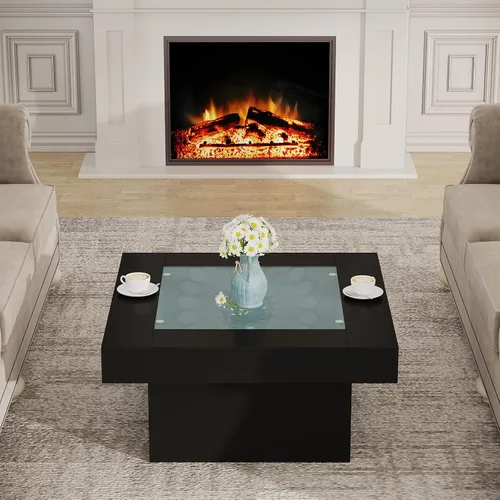 Miniatura 7 de Mesa de centro cuadrada con luces LED, mesas de centro de 35.4 pulgadas para sala de estar, mesa de centro de cristal templado, mesa central moderna
