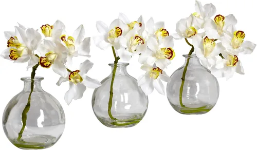 Miniatura 2 de Nearly Natural 4797 Cymbidium - Arreglo floral de seda, color blanco, juego de 3