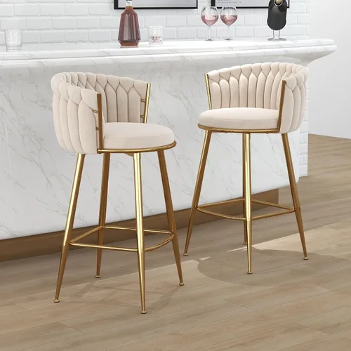 Miniatura 2 de ABET Taburete de Bar Dorado 1UN, Taburetes Giratorios de Terciopelo, Taburetes de Altura Ajustable con Respaldo Tejido, Taburetes de Cocina Modernos