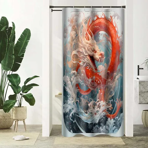 Miniatura 4 de YLOKPA0717 - Cortina de ducha de dragón japonés con ganchos, enorme ola de mar, cortina de baño de dragón rojo, 36 x 72 pulgadas, decoración de baño