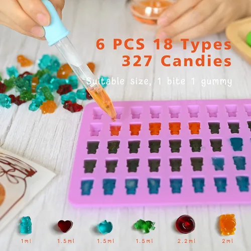 Miniatura 2 de Moldes de silicona para gomitas de oso, 32 unidades, molde antiadherente para dulces de chocolate, 18 formas para 327 dulces, con 4 goteros, cepillo