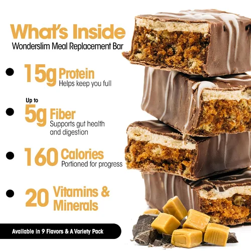 Miniatura 3 de Barra de proteínas WonderSlim para reemplazo de comida, Caramelo y Cacao, 15g de proteína, 20 vitaminas y minerales, sin gluten (7 unidades)