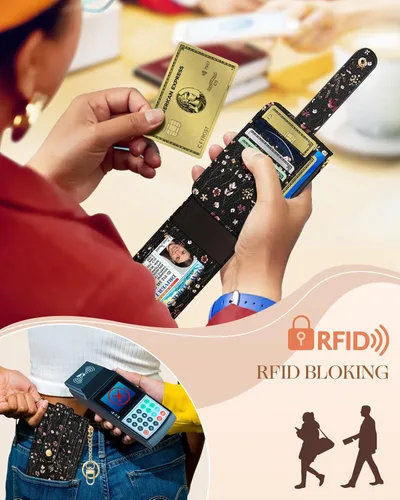 Miniatura 4 de Cartera delgada pequeña para tarjetas para mujeres – Linda cartera con llavero con bloqueo RFID que sostiene 7 tarjetas, diseño de moda de cuero