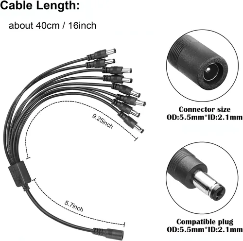 Miniatura 3 de COOLM 60W AC DC 12V 5A Adaptador de fuente de alimentación 5.5X2.0.197 in 60W Cargador con 8 vías 8 vías Cable divisor de alimentación para cámara