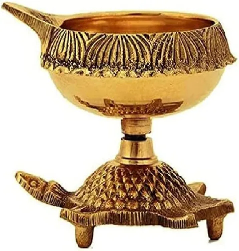 Miniatura 9 de SATVIK - Juego de 4 piezas de tortuga Kuber de latón Lámpara de aceite de latón virgen tradicional hecha a mano con grabado dorado para Puja
