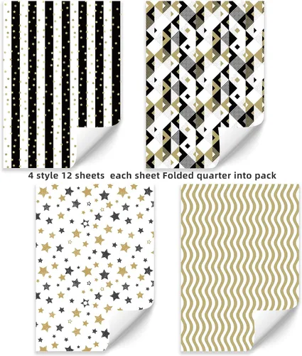 Miniatura 6 de Papel de regalo plegado negro, blanco y dorado, diseño mate, estrellas, rayas, ondulaciones, cuadros para cumpleaños, Navidad, graduaciones, bodas