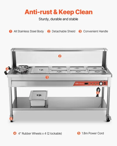 Miniatura 5 de VEVOR Calentador de Alimentos Eléctrico Comercial, 7 Bandejas + 2 Ollas Mesa de Vapor, 1800W Calentador de Alimentos Profesional para Buffet