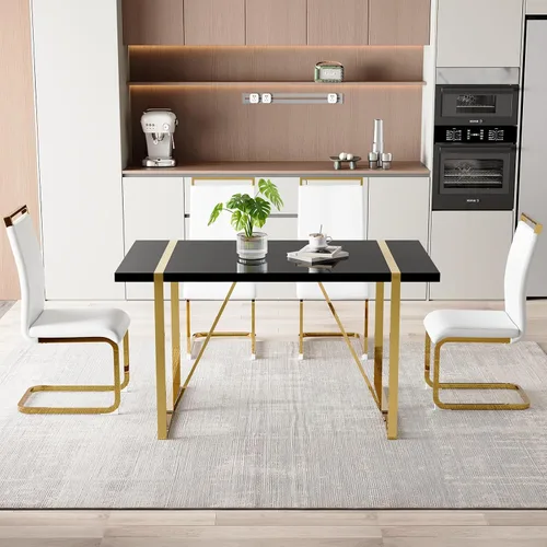 Miniatura 33 de Moderno juego de mesa de comedor para 4, juego de mesa de comedor dorado de 55 pulgadas con 4 sillas de piel sintética negra, mesa de madera negra