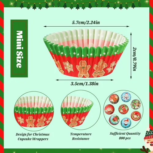 Miniatura 2 de AUGSUN 800 piezas de mini moldes para cupcakes de Navidad, envolturas para cupcakes con diseños de Santa, muñeco de nieve, bosque, moldes mini