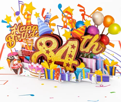 Miniatura 14 de iGifts And Cards Tarjeta desplegable 3D de feliz cumpleaños 84 – Diseño azul con números de purpurina, globos, pasteles y regalos – Tarjeta