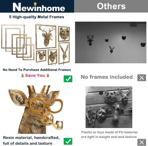 Miniatura 3 de Newinhome Paquete de 5 cabezas de animales para decoración de pared (marco de metal de regalo), esculturas de animales de resina, decoración