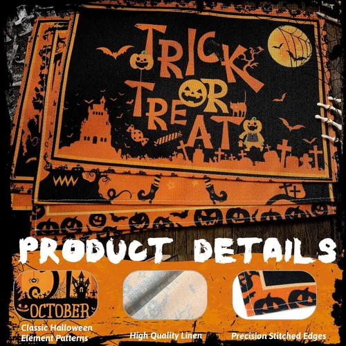 Miniatura 3 de Umigy 6 manteles individuales de Halloween de 12 x 18 pulgadas, manteles individuales góticos de murciélago para decoración de cocina, manteles