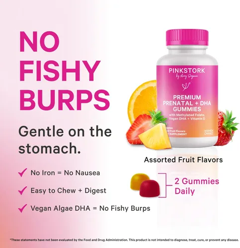 Miniatura 4 de Pink Stork Vitaminas gomosas prenatales prémium Algas veganas DHA + folato metilado + metilcobalamina Apto para MTHFR Sin hierro Sin regusto
