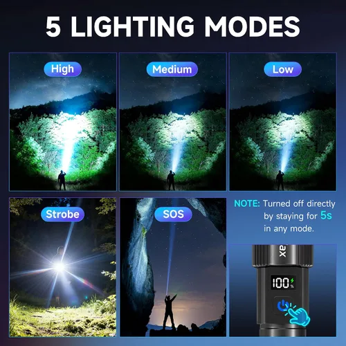 Miniatura 3 de 4 paquetes de linternas recargables de alto lúmenes 9900LX, linterna LED recargable con pantalla digital LCD, linterna ajustable de 5 modos