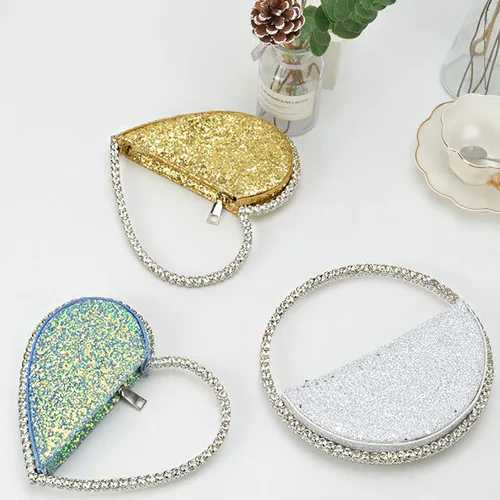 Miniatura 8 de Anopo Mini corazón forma redonda Rhinestone embrague bolso bolso marco diamante brillo lentejuelas brillantes bolso de noche boda fiesta