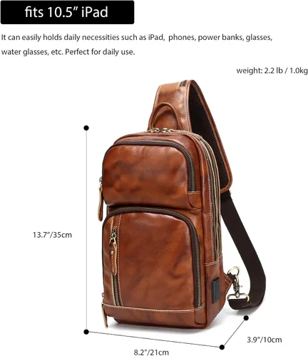 Miniatura 6 de LANNSYNE Bolso bandolera de cuero de grano completo para hombre, mochila cruzada para el pecho para iPad de 10.5 pulgadas