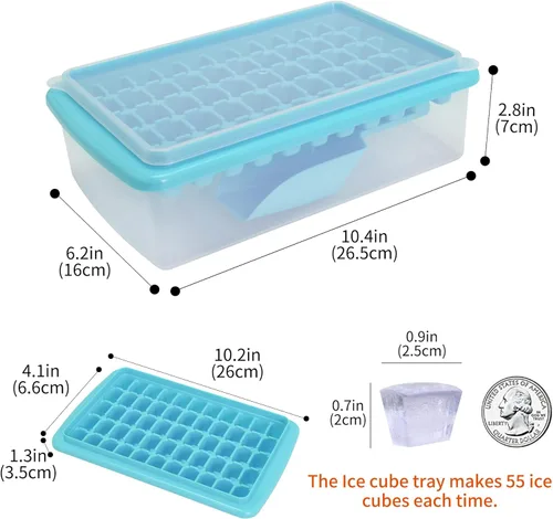 Miniatura 3 de Bandeja para cubitos de hielo con tapa y contenedor para congelador, bandeja de hielo de 55 pepitas de fácil liberación con tapa, recipiente de Azul