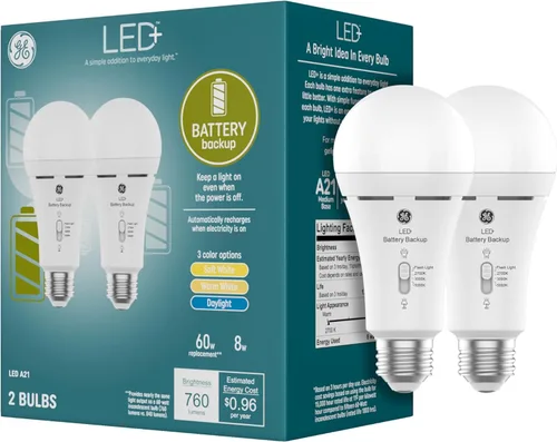 GE Focos LED con batería de respaldo, focos LED recargables A21 para cortes de energía y emergencias, linterna, 3 temperaturas de color (paquete de