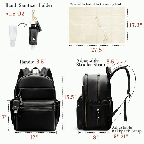 Miniatura 6 de miss fong Bolsa de pañales de cuero, bolsa de pañales para bebé, 16 bolsillos con soporte para desinfectante de manos, cambiador, 2 bolsillos Negro