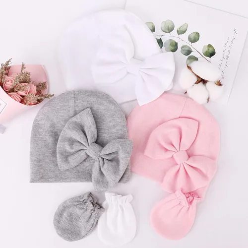 Miniatura 6 de BQUBO Newborn Baby Girls Hats Mittens Set Hospital Hat Beanie Infant Bow Hats Baby Cotton No Scratch Gloves