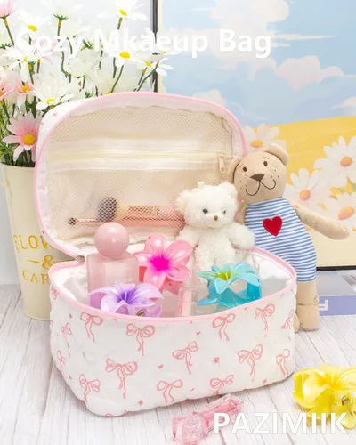 Miniatura 2 de PAZIMIIK - Bolsa de maquillaje de algodón para mujer, grande, acolchada para viaje, Rosa (Bow Pink), Vintage