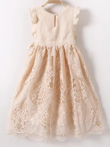 Miniatura 4 de Vestido blanco opaco durazno vintage con encaje sin mangas con flores para niña de Bow Dream