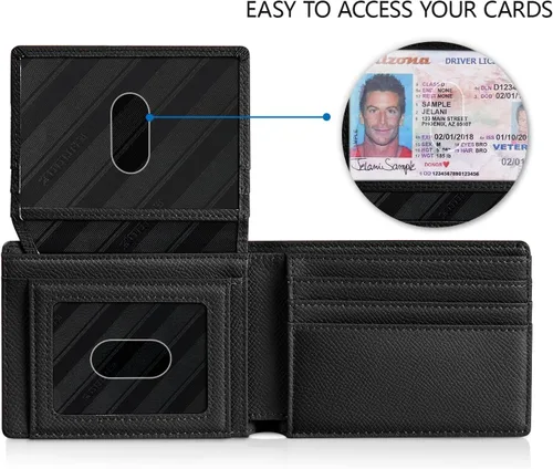 Miniatura 2 de RUNBOX Cartera para hombres Slim Rfid Leather 2 ID Window con caja de regalo, Palm-negro, Minimalista
