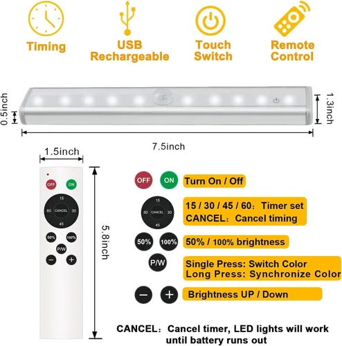 Miniatura 6 de Diomart Iluminación para debajo del gabinete, luces inalámbricas recargables para debajo del mostrador con control remoto, 20 luces LED regulables