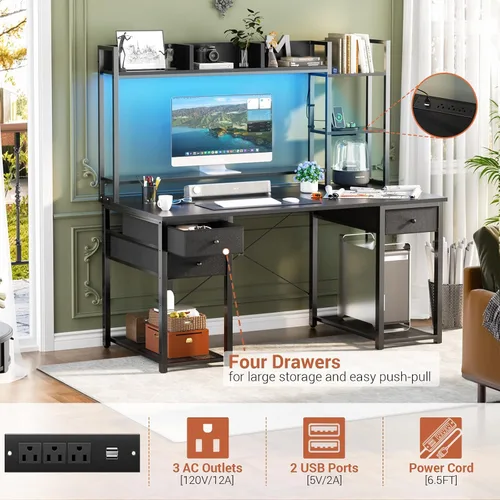 Miniatura 3 de Aheaplus Escritorio LED para Gaming con Hutch, 47.2'' Estación de Trabajo para Computadora, Negro