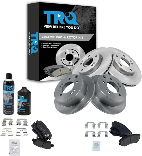 TRQ Kit de pastillas de freno delanteras y traseras y rotores Kit de productos químicos de freno Pastillas de freno Rotor de freno de cerámica