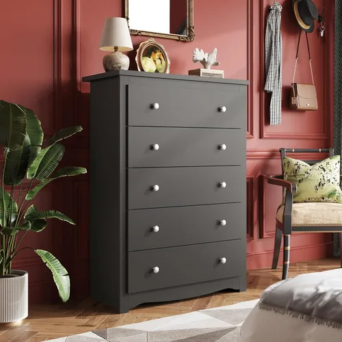 Miniatura 2 de WLIVE Cómoda de madera con 5 cajones, cómoda negra de 45 pulgadas de alto para dormitorio, cómoda, armario de almacenamiento y cajones organizadores