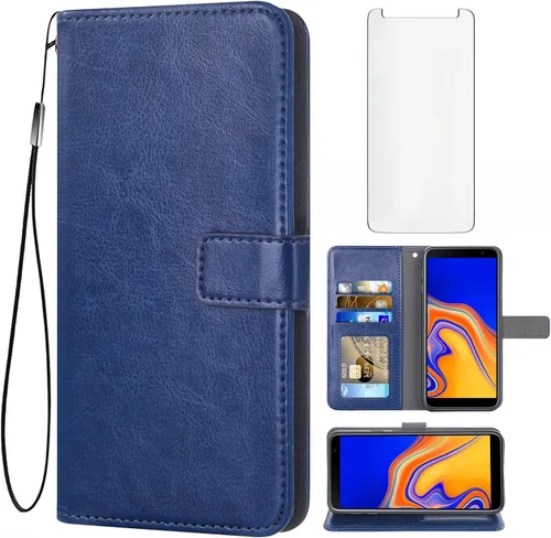 Asuwish Compatible con Samsung Galaxy J4 Plus, protector de pantalla de vidrio templado y soporte de piel con tapa para tarjetas, accesorios